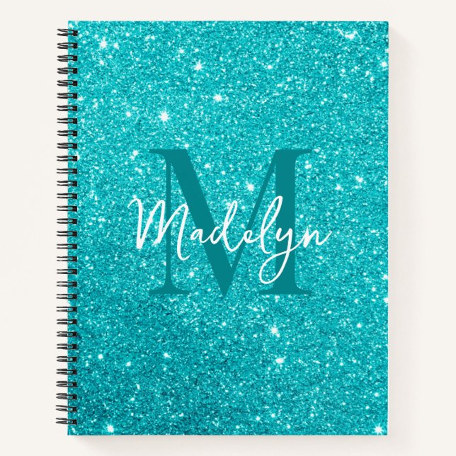 Carnet  sparkles Blue glitter monogram name girly (Devant)