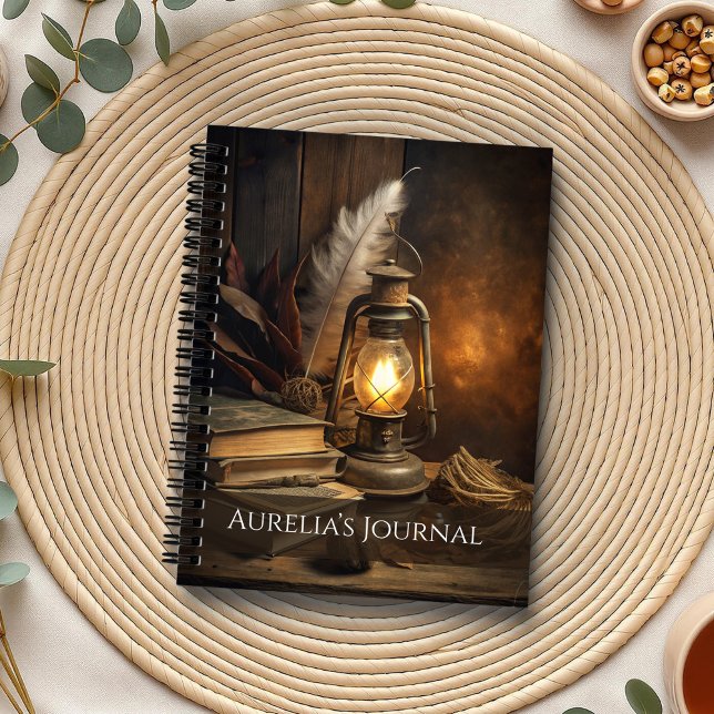 Carnet Spellbook Candlelit - Cosy Witch Journal (Candlelit Spellbook Notebook – Cozy Witch Journal on a boho table with botanicals and a cup of tea)