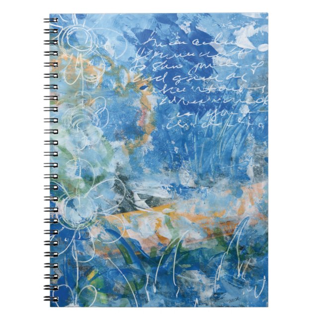 Carnet Spiral Notebook with mixed media artwork in blues. (Devant)
