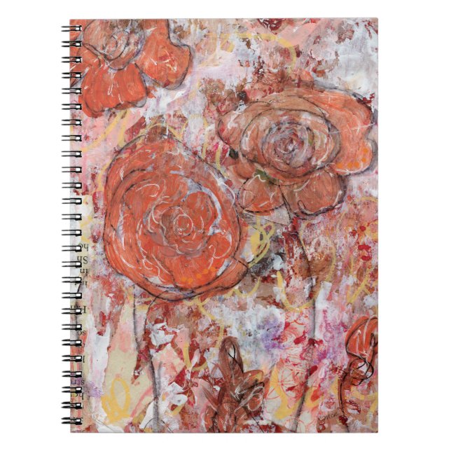 Carnet Spiral Notebook with mixed media orange flowers (Devant)