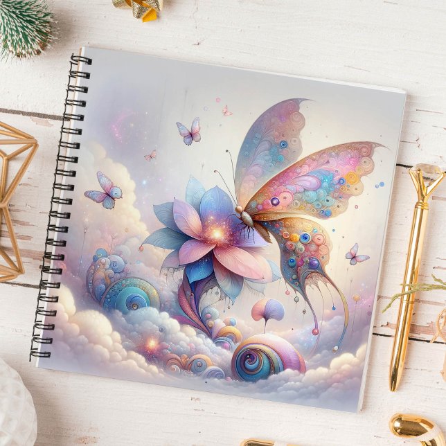 Carnet spiral papillon enchanté (Butterfly notebook mystical flower pastel pink, blue purple)