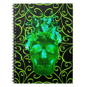 Carnet spirale du crâne à flamme verte