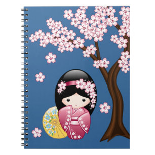 Carnet Spring Kokeshi Doll - Cute Japanese Geisha on Blue