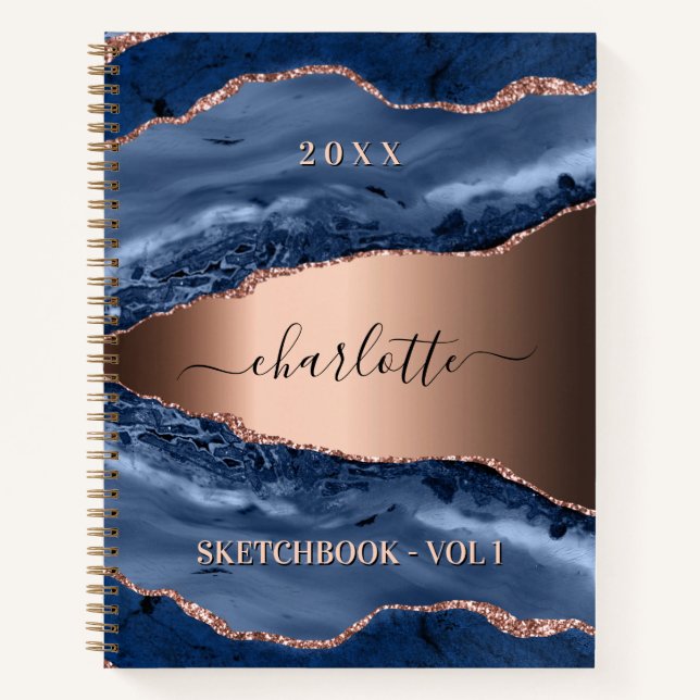 Carnet Squelette bleu agate marbre rose or nom (Devant)