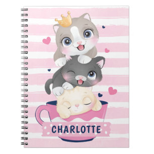 Carnet Stacked Cute Cartoon Cats Pink Distressed Stripes