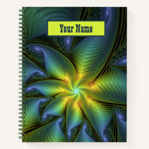 Carnet Star Abstrait bleu brillant Vert or Fractal Nom