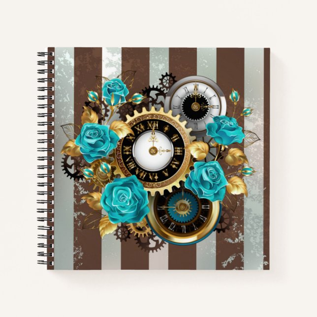 Carnet Steampunk Clock and Turquoise Roses on Striped (Devant)