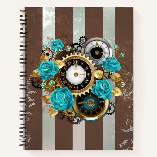 Carnet Steampunk Clock and Turquoise Roses on Striped (Devant)