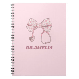 Carnet Stéthoscope à nœud floral rose avec nom de médecin