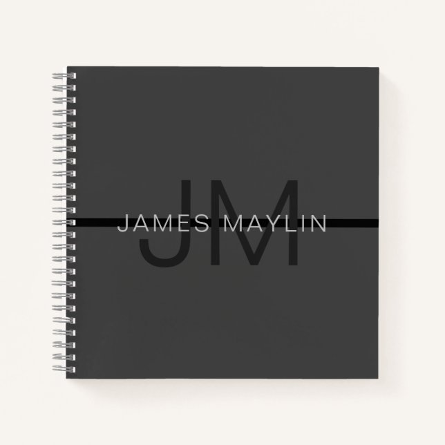 Carnet Stylisé Masculin Gris Foncé Nom & Monogramme  (Devant)