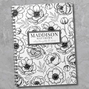 Carnet Stylish Black White Floral Nom personnalisé