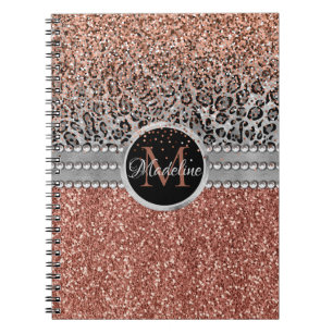 Carnet Stylish Girly Rose Gold Glitter Leopard Monogram