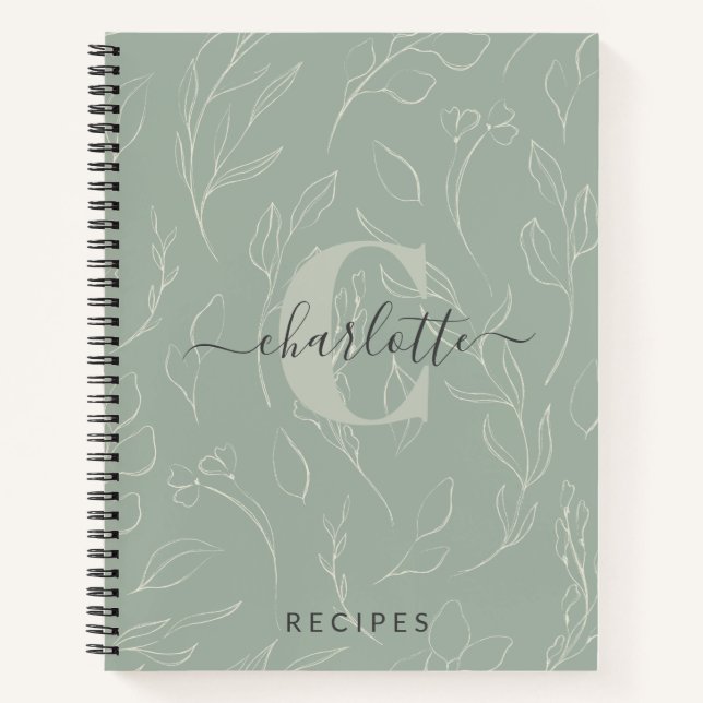 Carnet Stylish Rustic Sage Botanical Monogramme Recette (Devant)