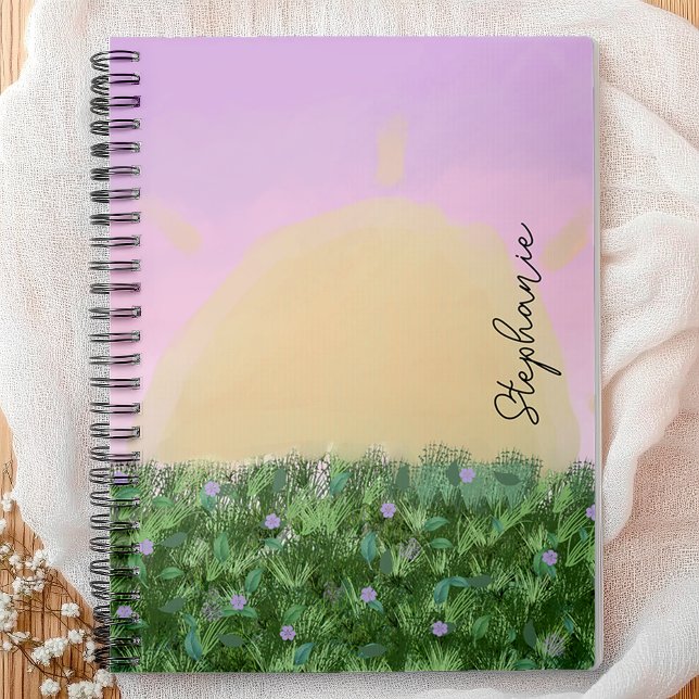 Carnet Sunrise Meadow Personnalisé - Custom Pastel Nature (Start your day with inspiration using this serene personalized notebook featuring a naive sunset)