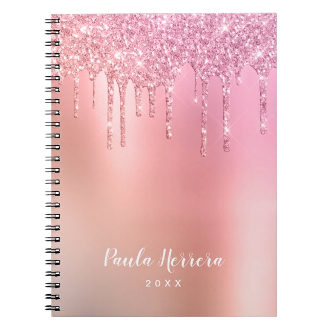 Carnet Superbes gouttes de roses rose or & cuivre parties (Devant)