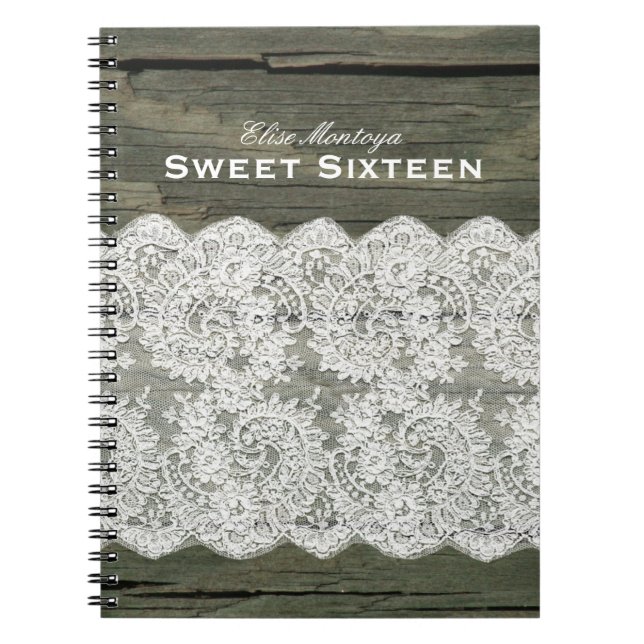 Carnet Sweet sixteen en bois rustique de dentelle (Devant)