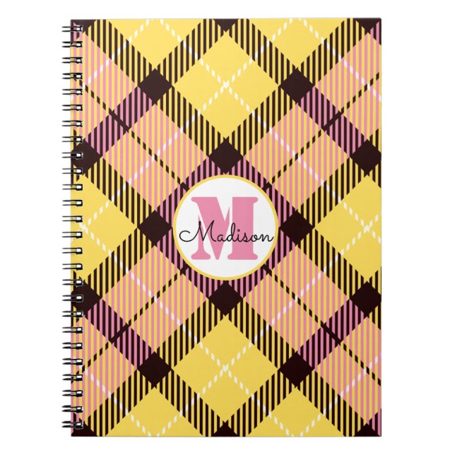 Carnet Tartan rose jaune chic Monogramme Nom du script (Devant)