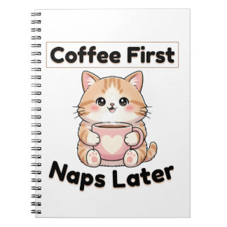 Carnet Tasse de café d'abord, sieste plus tard, chat mign