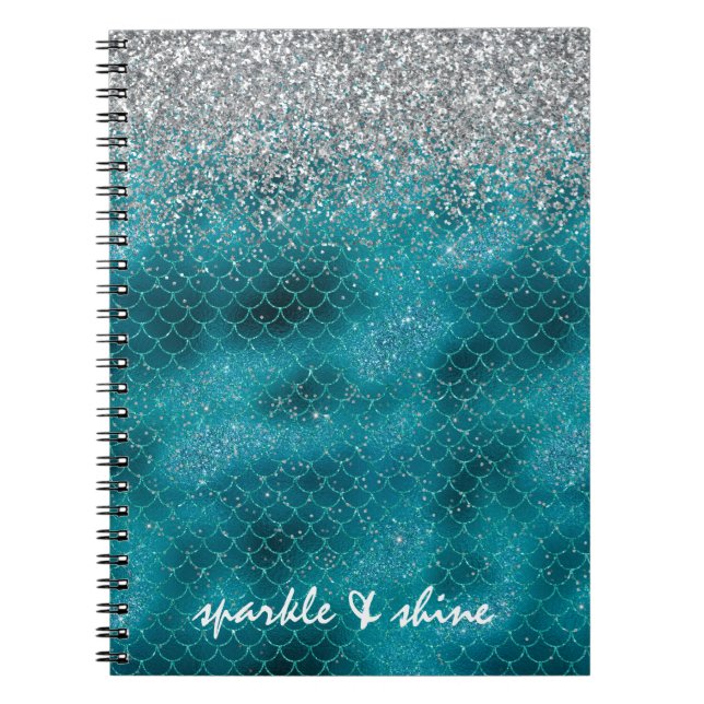 Carnet Teal Silver Sparkle Mermaid personalized (Devant)