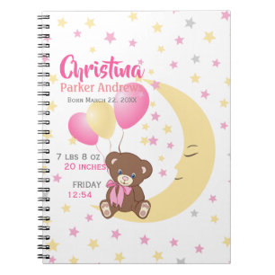 Carnet Teddy Bear assis sur la Lune Baby Birth Statistiqu