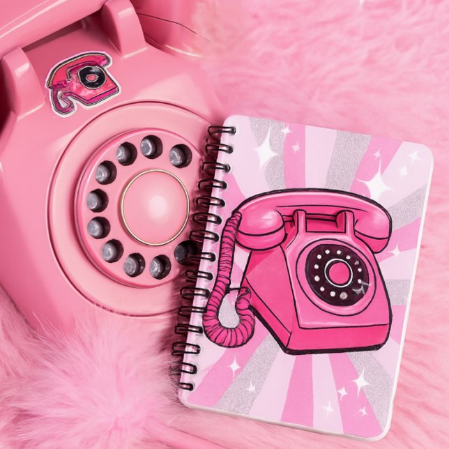 Carnet Téléphone Fixe Rotatif Rétro Rose Pailleté (Notebook features a bold pink rotary phone with sparkle pop art rays in pink, white, and silver)