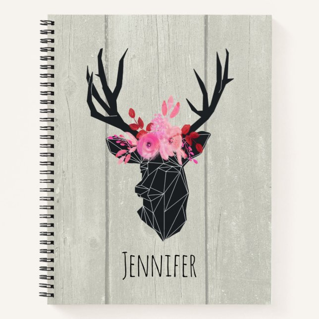 Carnet Tête de cerf géométrique avec couronne florale per (Devant)