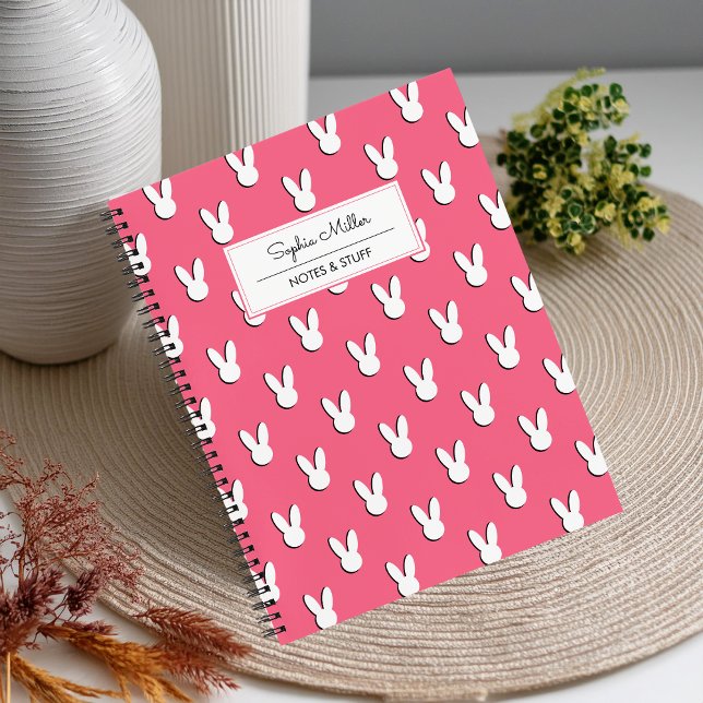 Carnet Têtes de lapin blanc mignon Nom du script Monogram (Créateur téléchargé)