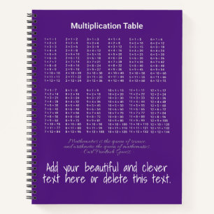 Carnet Texte blanc du tableau de multiplication sur foncé