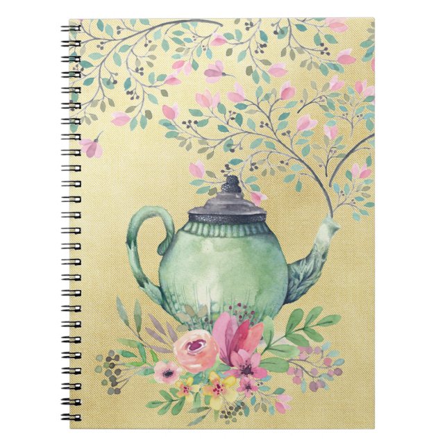 Carnet Théière d'aquarelle et or élégants de fleurs (Devant)