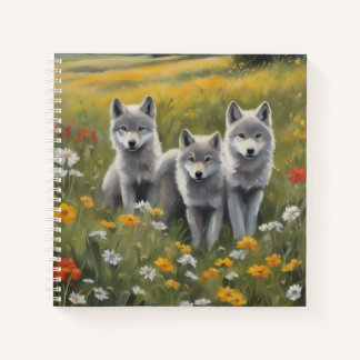 Carnet Three grey wolf pups waiting for mischief 