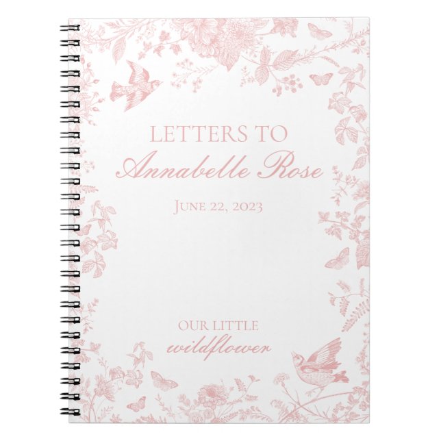 Carnet Toile rose De Jouy Lettres florales à fille d'anni (Devant)
