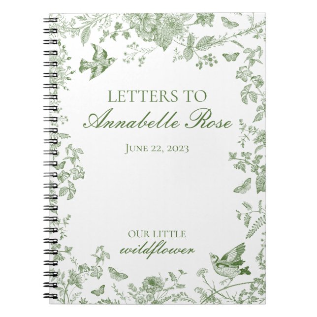 Carnet Toile verte Jouy Lettres florales à fille d'annive (Devant)