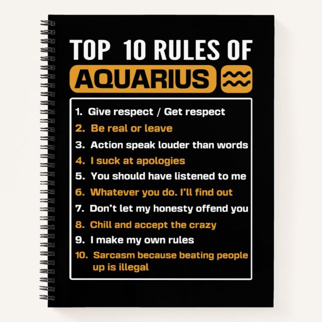 Carnet Top 10 règles d'Aquarius, Funny Aquarius 10 règles (Devant)
