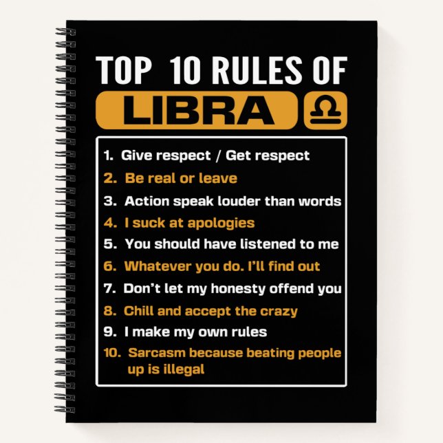 Carnet Top 10 rRules Of libra, Libra Facts Traits Rules (Devant)
