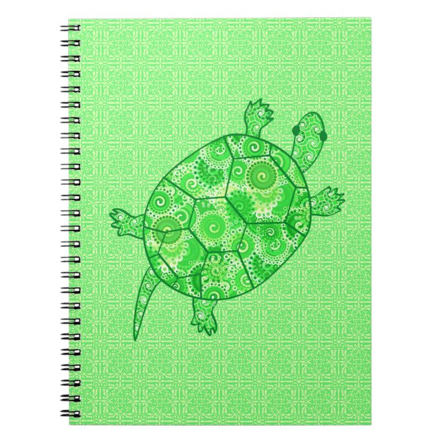 Carnet Tortue tourbée fractale - chaux et vert émeraude (Devant)