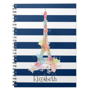 Carnet Tour Eiffel colorée rayures bleu marine
