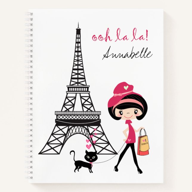 Carnet Tour Eiffel Paris Fille et chat personnalisée (Devant)