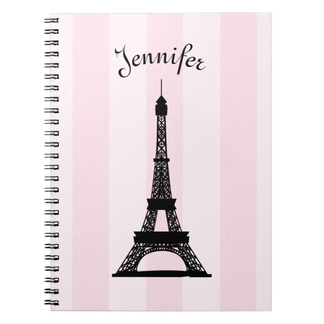 Carnet Tour Eiffel rose parisien chic de noir de rayure (Devant)