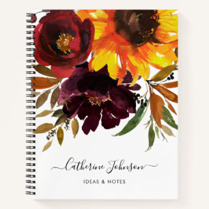 Carnet Tournesol chic Bourgogne Rose aquarelle florale