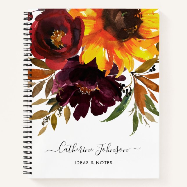 Carnet Tournesol chic Bourgogne Rose aquarelle florale (Devant)