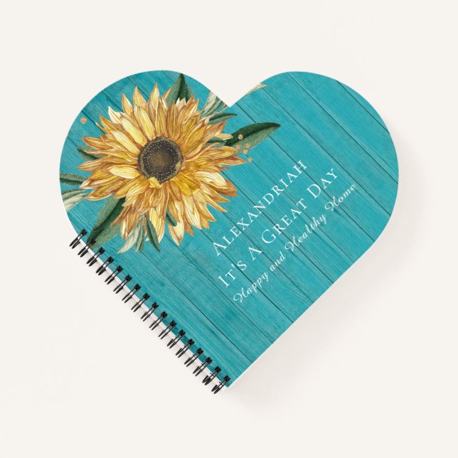 Carnet Tournesol doré Turquoise Bleu Forme de coeur (Devant)