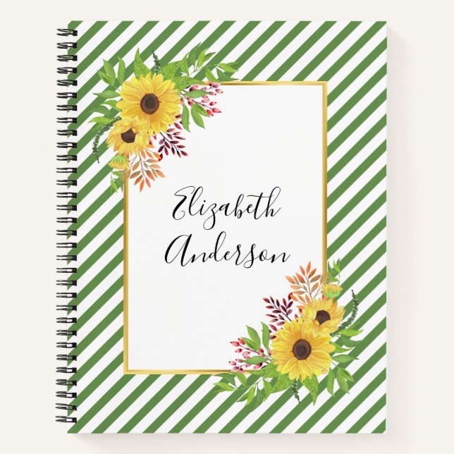 Carnet Tournesol jaune aquarelle, cadre et rayures (Devant)