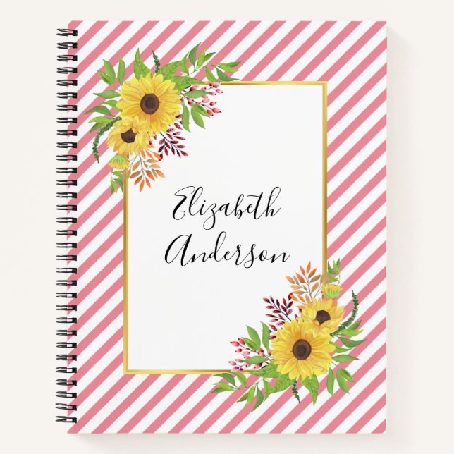 Carnet Tournesols aquarelle, rayures roses et blanches (Devant)