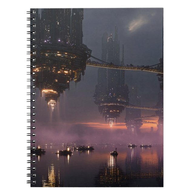 Carnet Tours futuristes flottant au-dessus du port (Devant)