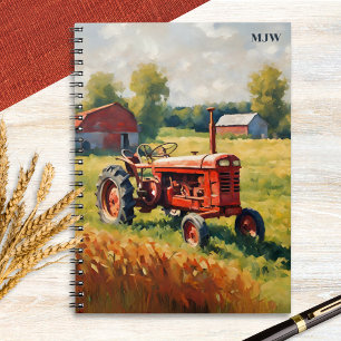 Carnet Tracteur rouge vintage ferme rétro rustique monogr