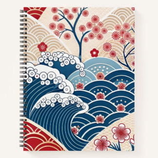 Carnet Traditional Red Blue Japanese Wave Sakura Pattern