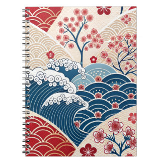 Carnet Traditional Red Blue Japanese Wave Sakura Pattern