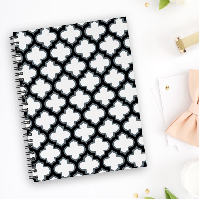 Carnet Trellis blanc et noir, treillis, Quatrefoil (Créateur téléchargé)