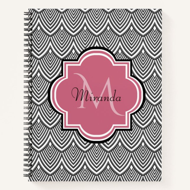 Carnet Trendy Black Arched Scallops Pink Monogramme Nom (Devant)