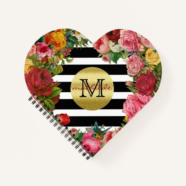 Carnet Trendy Monogram Stripes Rose Fleurs Parties scinti (Devant)